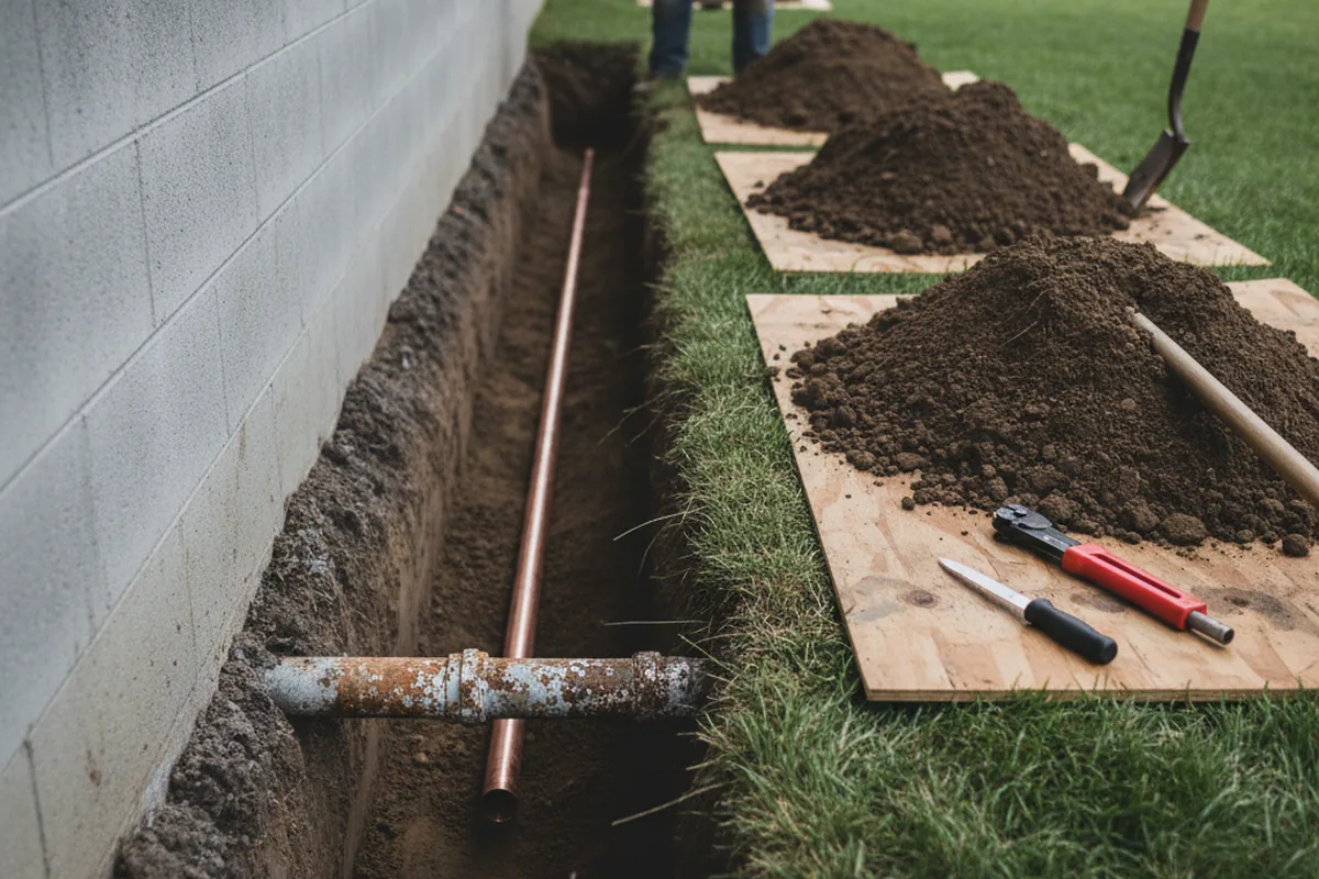 Excavated water line trench during Water Softener Installation in Harvard